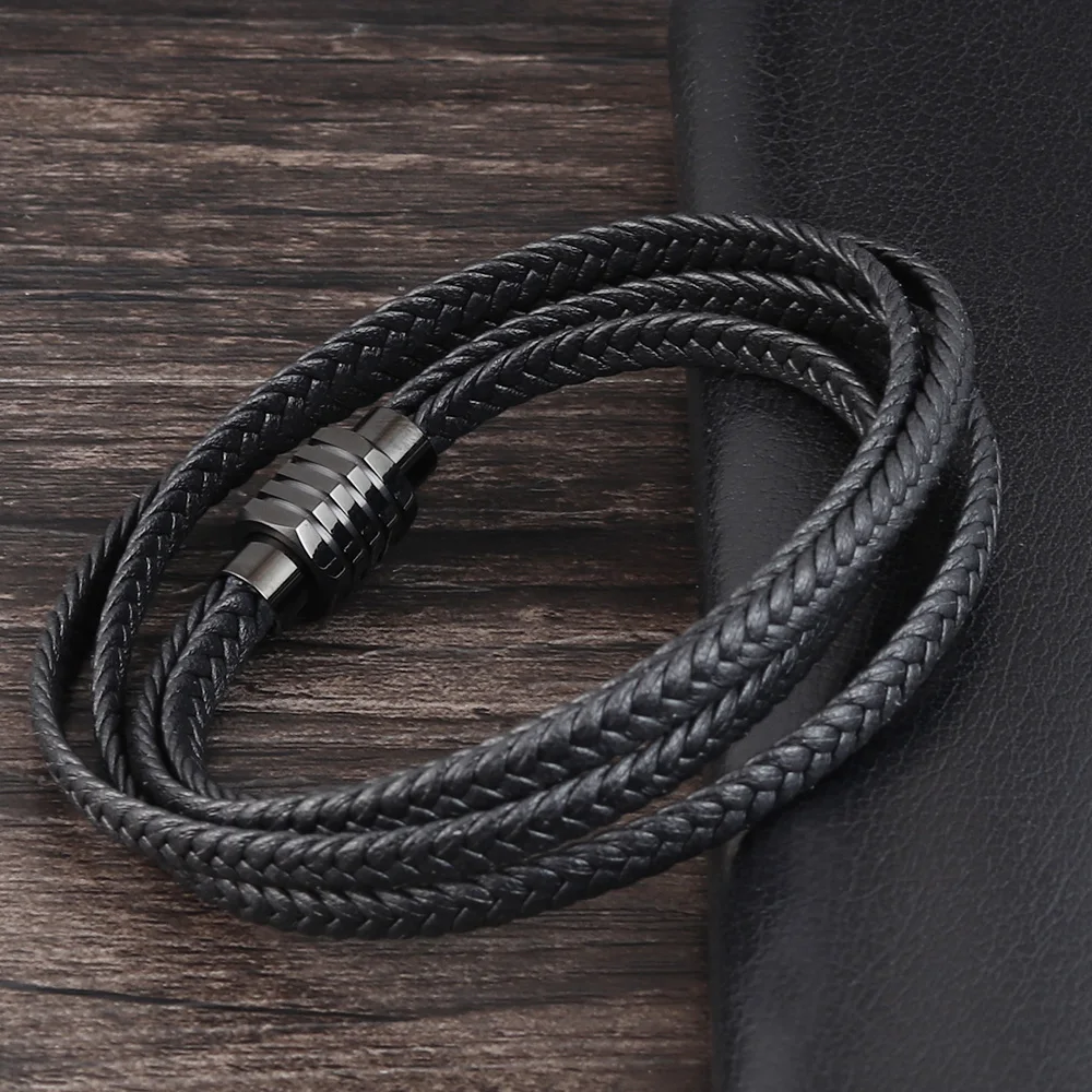 Fashion Black Genuine Leather Bracelet Black Stainless Steel Clasp Multi Layer Braid Rope Chain Wristband Vintage Gifts
