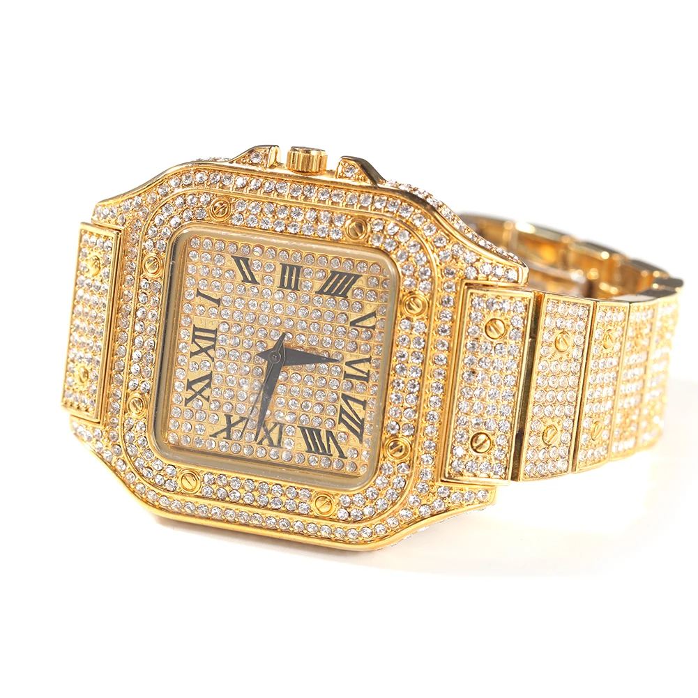 TBTK Iced Out Men Watch Square Diamond Quartz Luxury Mens Wrist Watches Gold Roman Clock Relogio Masculino