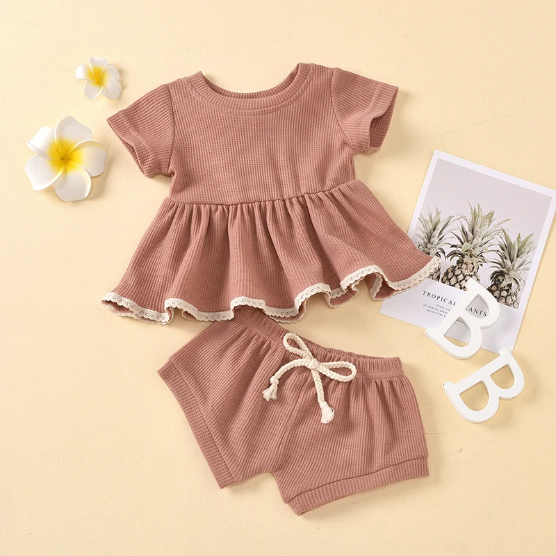 

Summer New Children'S Clothing Girls Solid Color Round Neck Short-Sleeved Stitching Lace Top + Shorts Kids Outfits