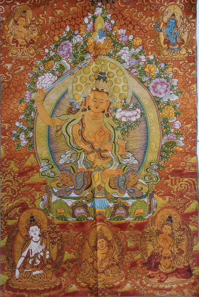 

36" Tibet Tibetan Embroidered Cloth Silk Buddhism Manjusri Bodhisattva Tangka Thangka Mural Buddha Home Decor