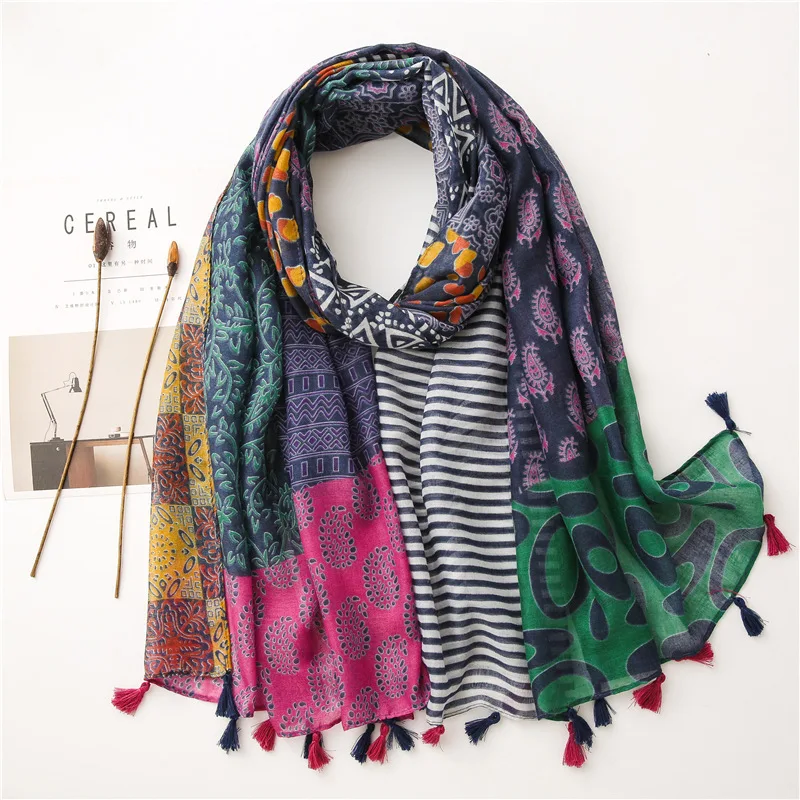 2022 Fashion Design Aztec Floral Patchwork Viscose Shawl Scarf High Quality Neckerchief Autumn Winter Foulard Muslim Hijab Sjaal