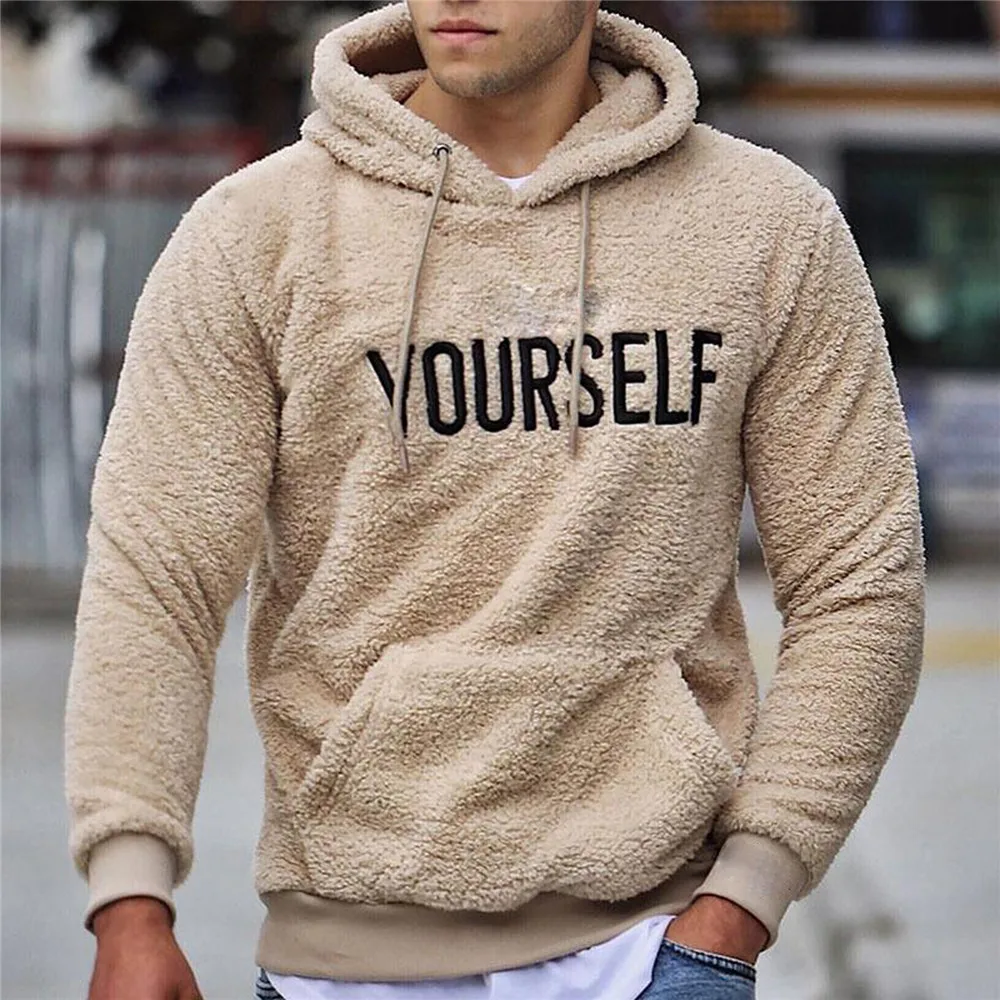 

Autumn Winter Men Warm Plush Fleece Hoodie Sweatshirts Casual Long Sleeve Letter Print Hooded Pullover Top With Kangaroo Pocket