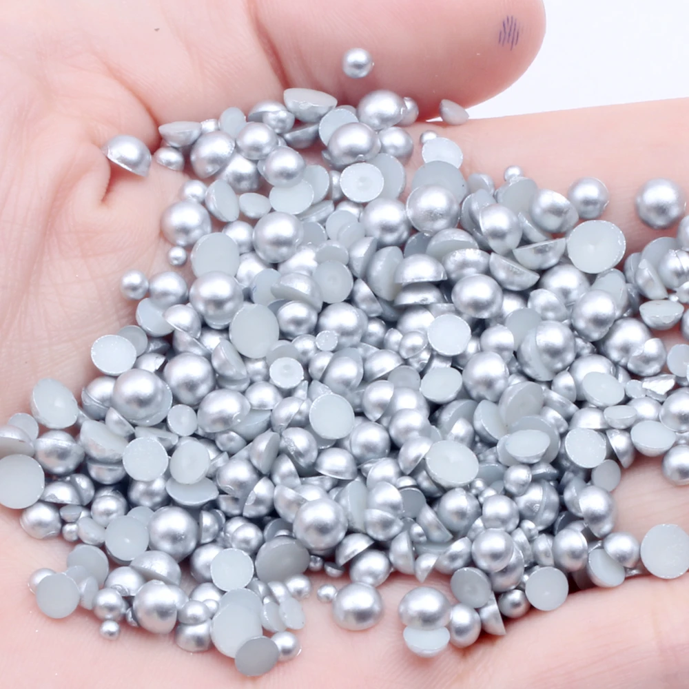 Matte Silver Half Round Pearls 2mm-12mm Round Flatback Glue On Resin Beads Appliques For Wedding Dress Accessories