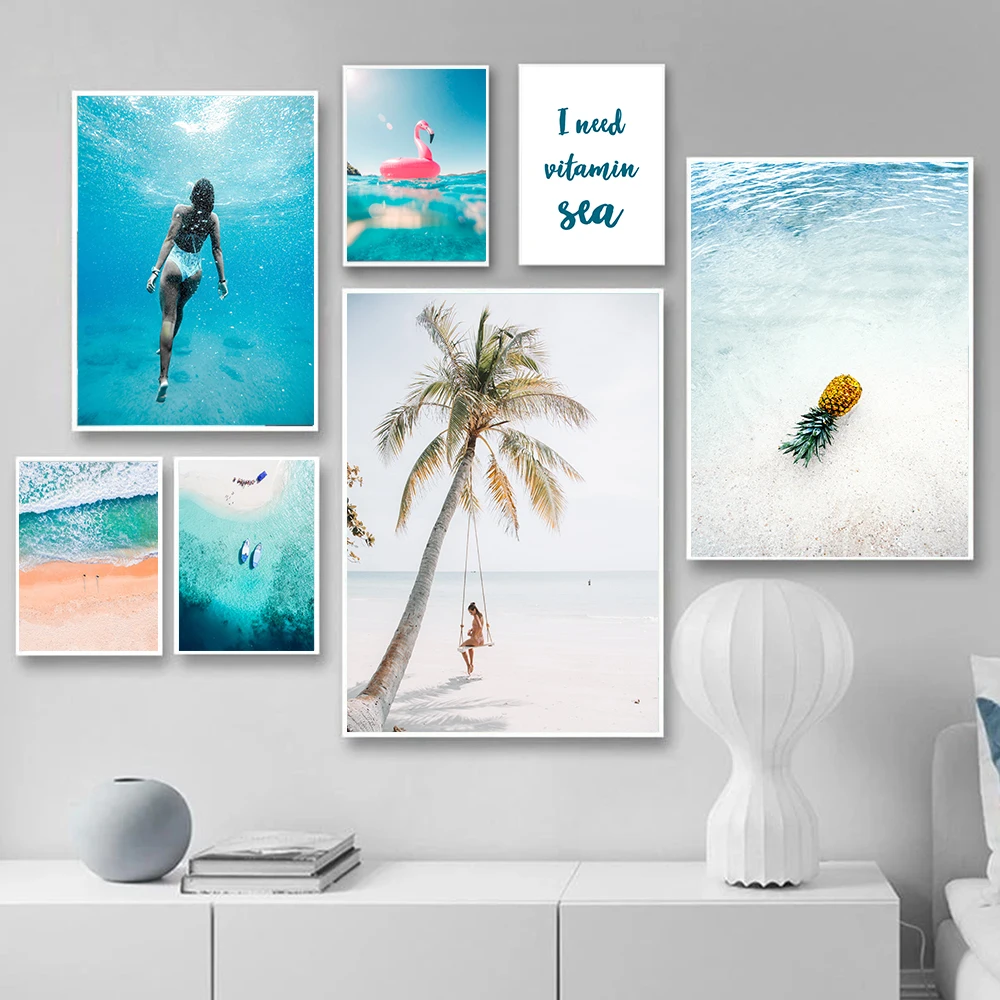 Blue Seascape Women Swimming Swing Boat Wall Art Canvas Painting Nordic Posters And Prints Pictures For Living Room Home Decor