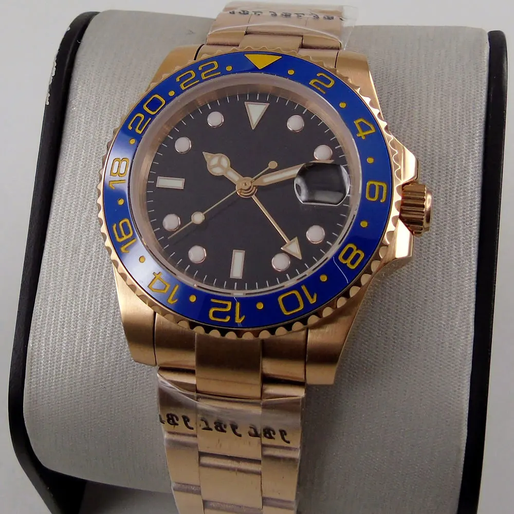 

Luxury Automatic Men Watch Rose Gold Coated Wristwatch Sapphire Glass GMT Date Function Blue Ceramic Bezel