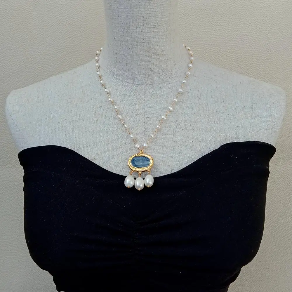 YYGEM Natural Cultured White freshwater Pearl Rosary Chain Necklace Blue Kyanite Rice Pearl Pendant 18\