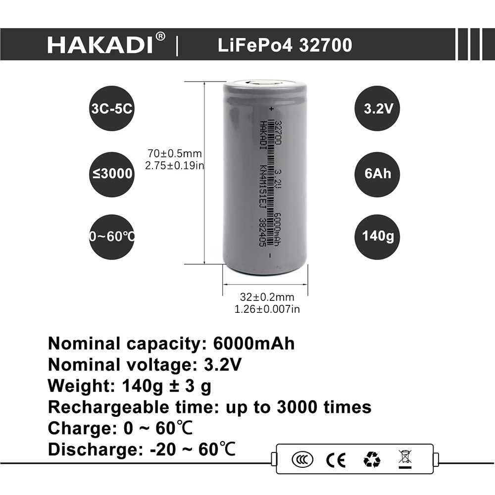 Lifepo4 3.2V 6000mAh 32700 Large Capacity 3C-5C Discharge Long Cycle Life Rechargeable Battery For DIY Solar Energy E-bike