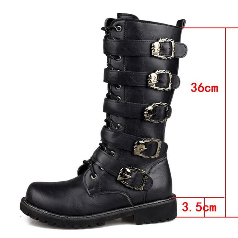 Men's Leather Motorcycle Boots Mid-Calf Tactical Combat Boots Gothic Belt Skull Punk Boots Men Shoes Tactical Army Boots Warm46