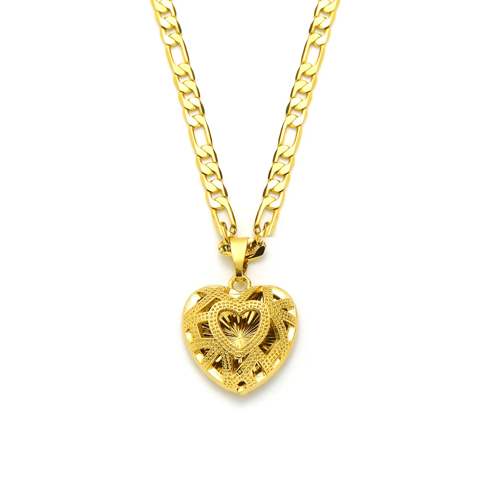 

knit Heart Pendant 14k Solid Yellow Gold GF Italian Figaro Link Chain Necklace 24" 3 mm Womens