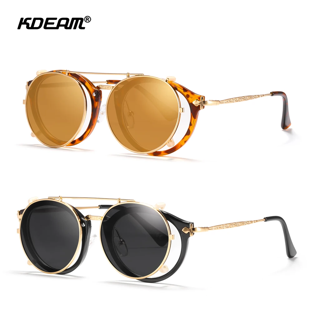 

KDEAM Flip Sunglasses Vintage Women Clip On Lens Round Sunglass Female Exquisite Carved Glasses Temple With Zipper Case