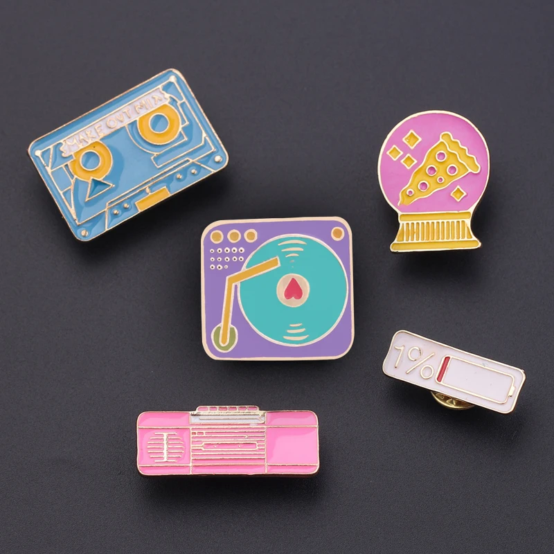 Ceative Cartoon Enamel Pins Battery Keyboard Tape Radio Record Player Fun Brooches Bag Hat Badges Clothes Lapel Pin Kids Gifts