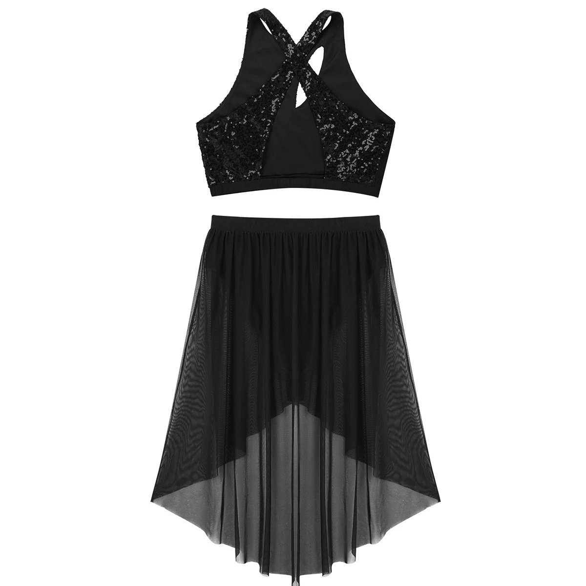 ChicTry Shiny Sequins Asymmetrical Gymnastics Ballet Crop Tops Leotard Mesh Skirt Set Women Contemporary Lyrical Dance Costumes
