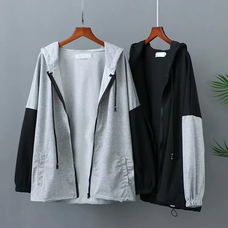 plus Size Sport Coat For Women Long Sleeves  Color Splicing Hoodie Thin Cotton Blended Fabric Large Size Coat Fatwomen In Autumn