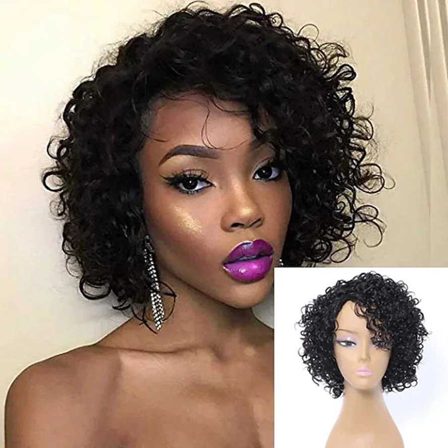 synthetic hair costume Wig Short Curly Afro Curly Bob Asymmetrical Natural Black Party Women