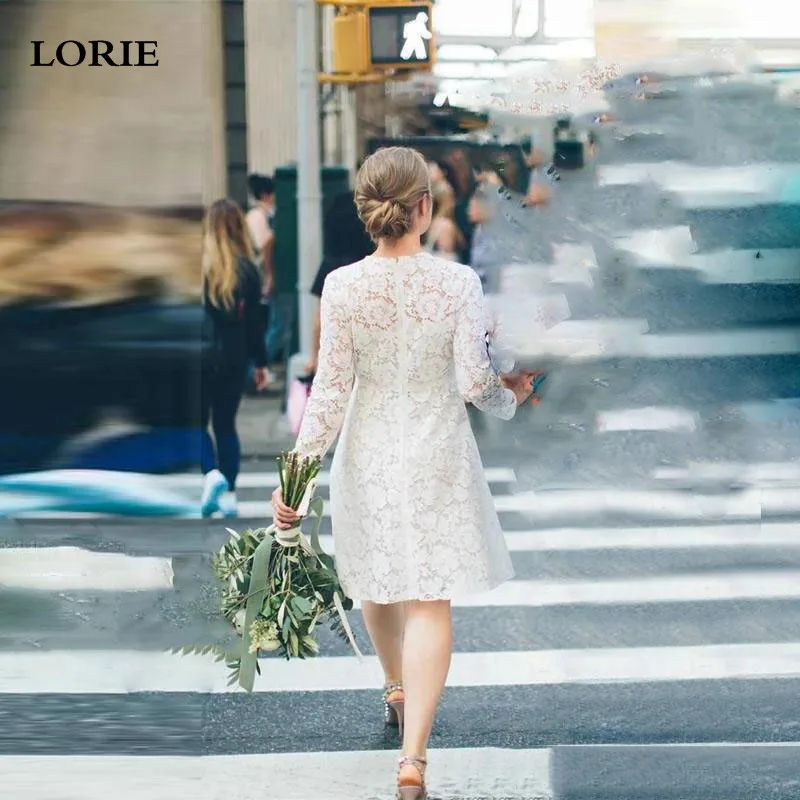 Lorie-vestido de noiva curto, renda, manga longa, boho, até o joelho, 2020