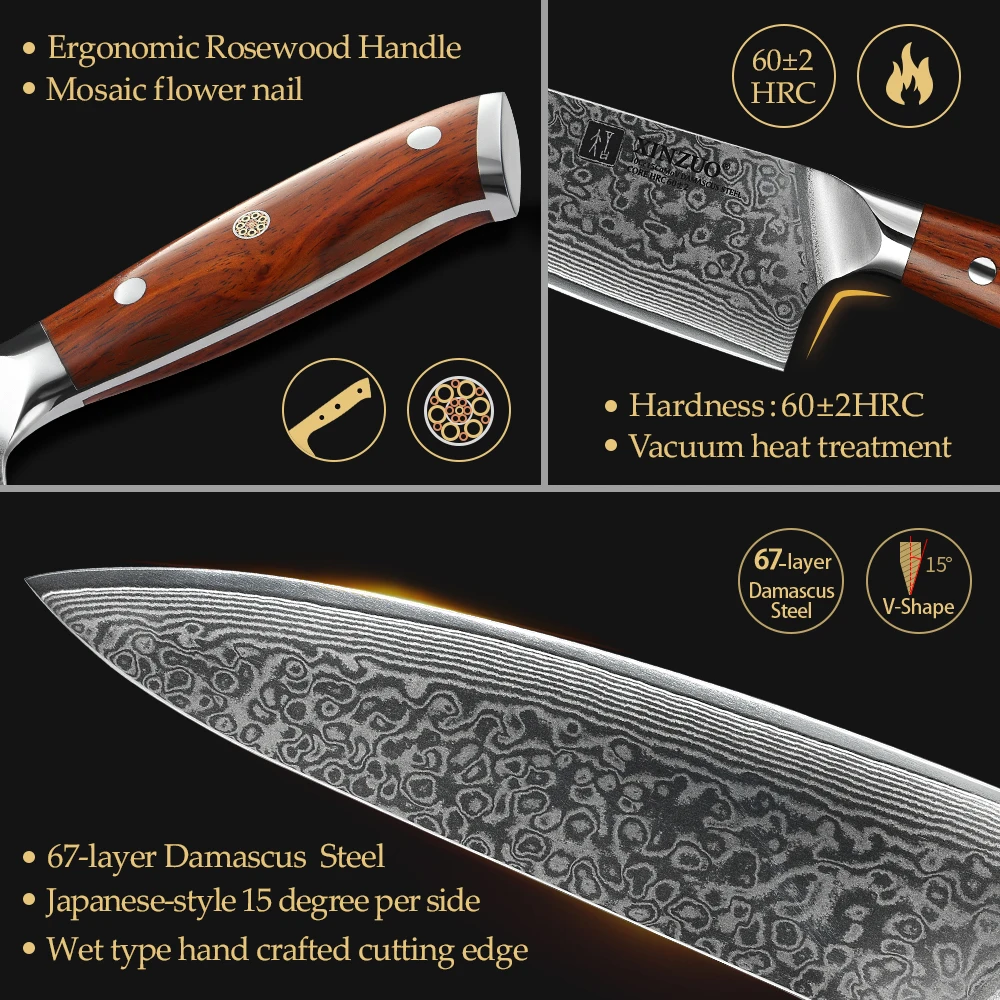 XINZUO 3PCS Kitchen Knife Set Damascus Stainless Steel Kitchen Knives Chef Utility Santoku Knife Kitchen Tool Rosewood Handle