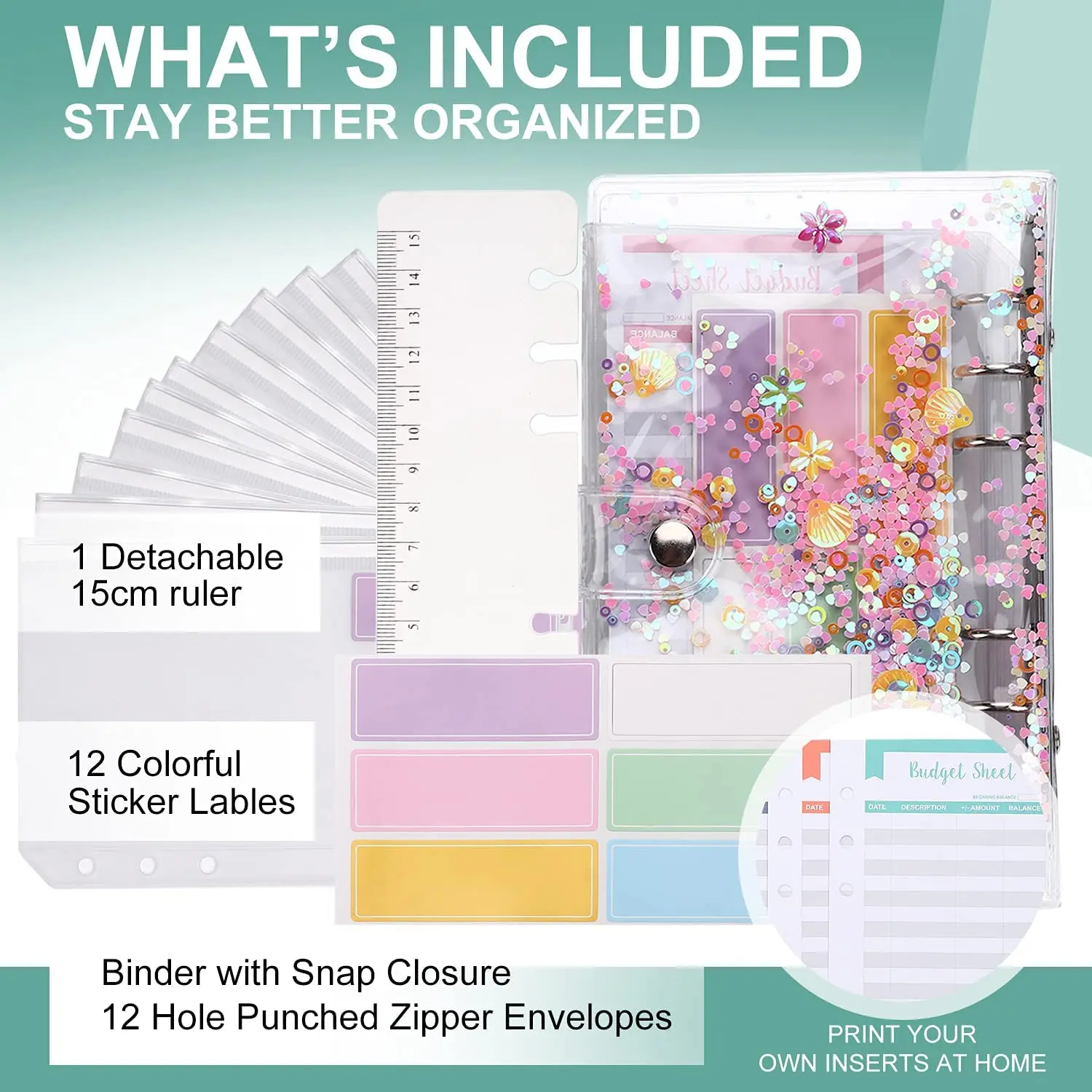 28 Pcs A6 Binder Budget Envelopes PVC Shell Sequins Notebook Cover, with Zipper Pockets,Budget Sheet,Color Stickers,Scale Ruler