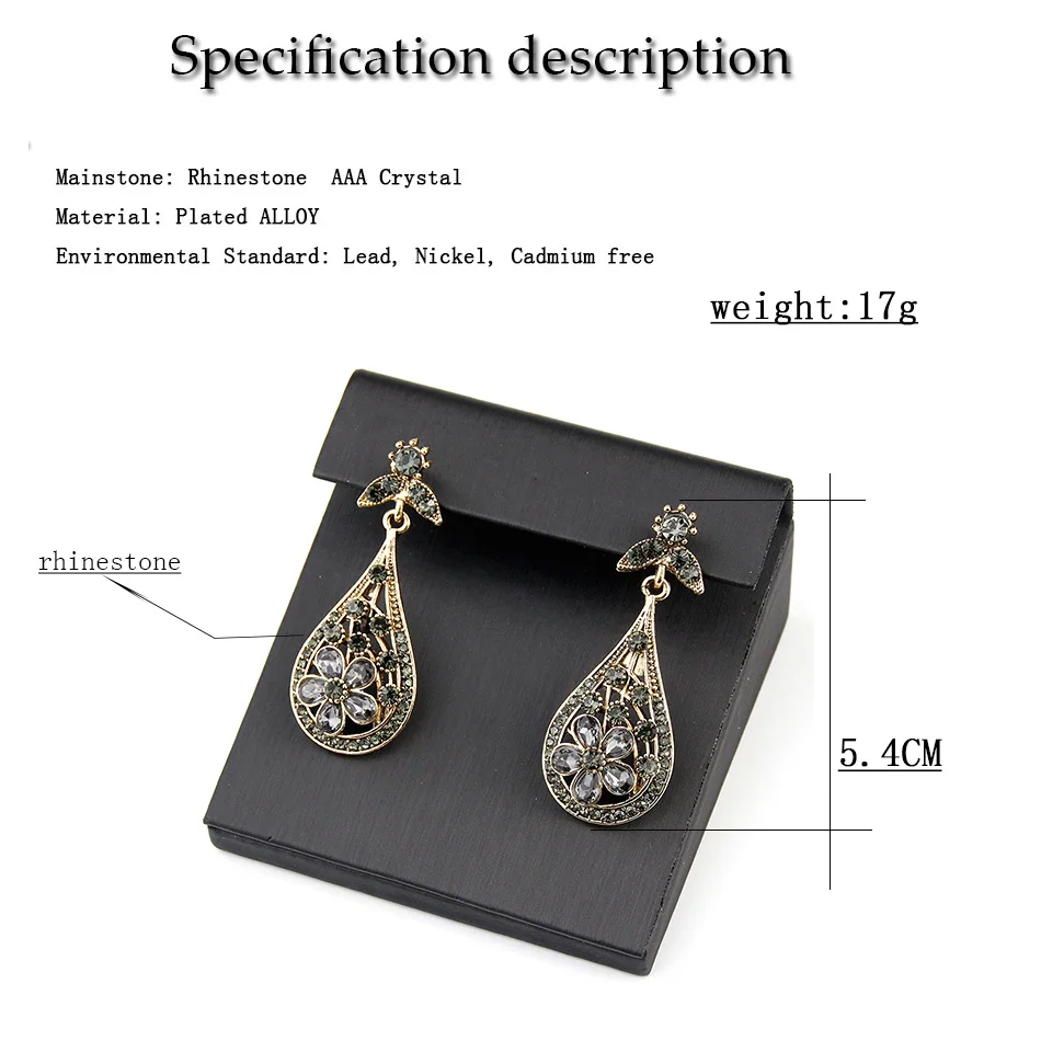 Sunspicems Bohemia Flower Drop Earring Women Grey Crystal Earring Antique Gold Color Turkish Wedding Jewelry Vintage Bridal Gift