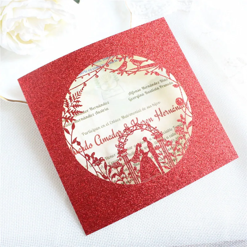 Glitter red invitations wedding marriage pocket custom design flower bride groom laser cutting party supply