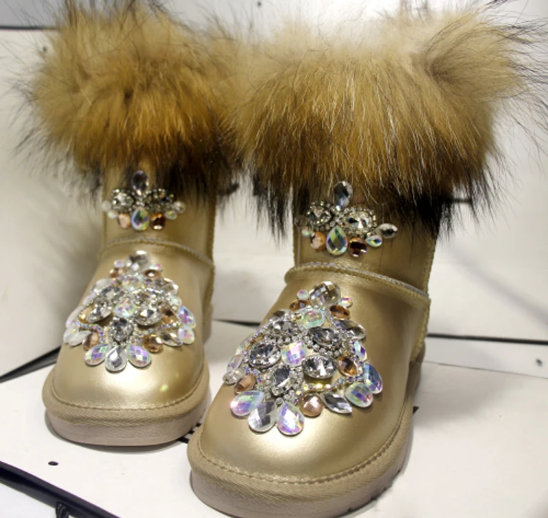 Luxury Real Fox Fur Rhinestone Beads Snow Boots Woman Gold Purple Leather Plush Inside Winter Boots Thick Sole Women Warm Shoes