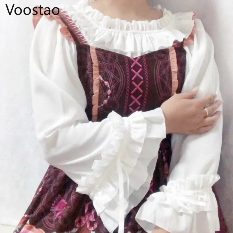 Japanese Style Harajuku Gothic Lolita Shirts Girly Cute Ruffles Short/Long Sleeve Tops Elegant Women Sweet Solid Chiffon Blouses