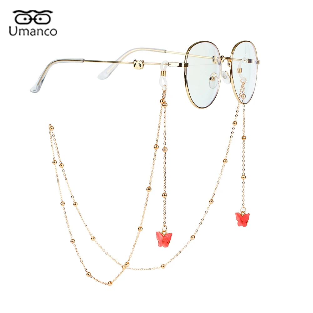 Cadenas doradas para gafas con colgante de mariposa de Animal colorido, cadena de cuentas para gafas de mujer y niña, joyería para gafas de sol, nueva moda