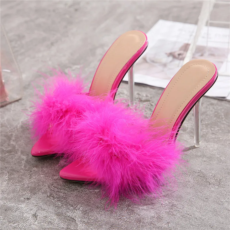 Summer New Sexy Feather Woman Sandals Transparent Perspex High Heels Fur Stiletto Peep Toe Mules Lady Slides Shoes Rose