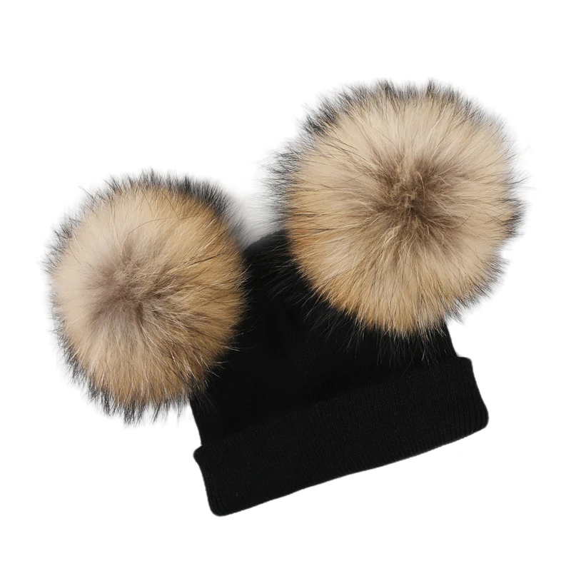 Winter Kids Knit Natural Raccoon Fur Double Pompom Hat For Girls Crochet Real Hair Baby Cap Scarf Children Beanie Bonnet