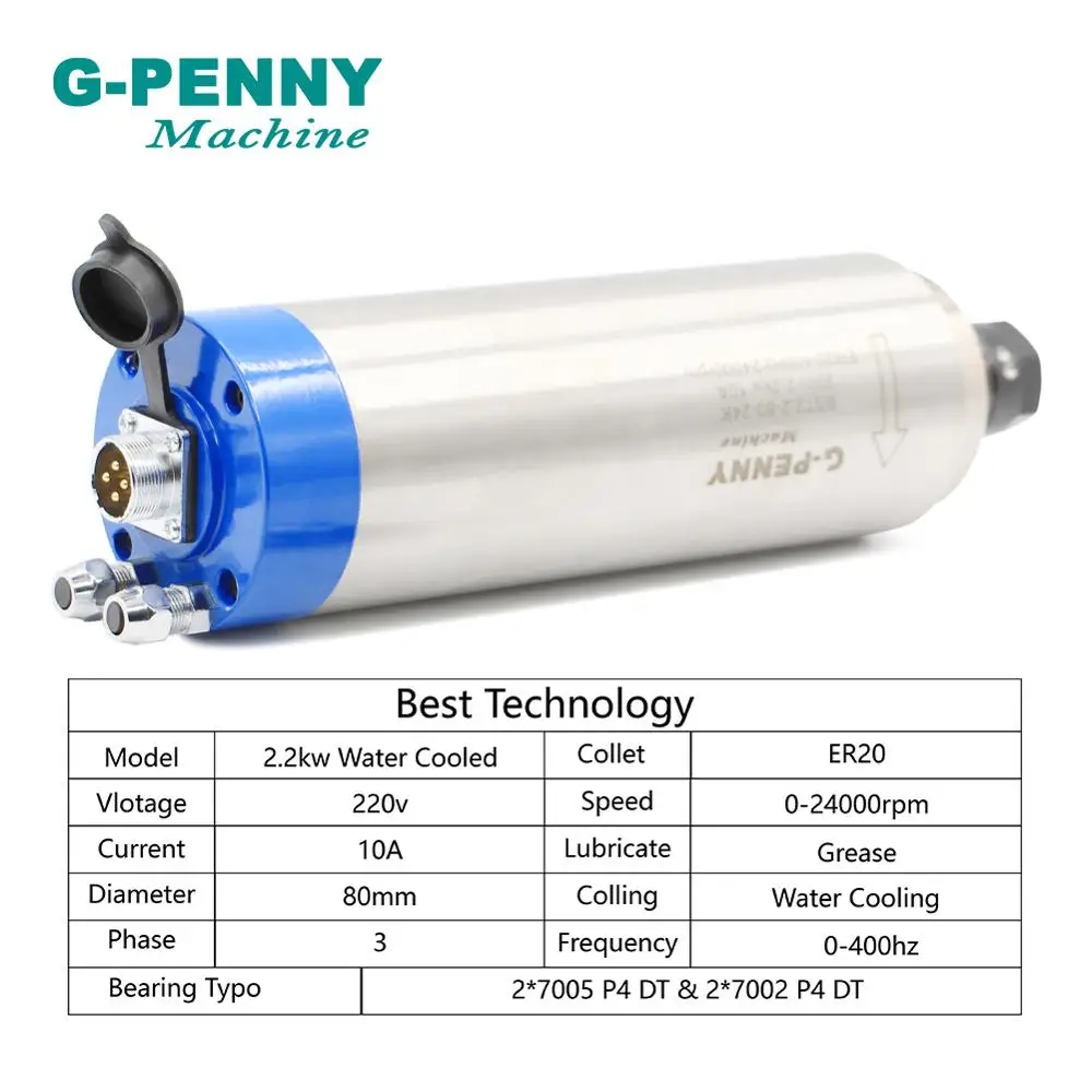 G-PENNY 2.2KW ER20 wrzeciono chłodzone wodą zestaw silnik wrzeciona CNC 4 łożyska i 2.2KW VFD/falownik i 80mm wspornik i 75W pompa wodna