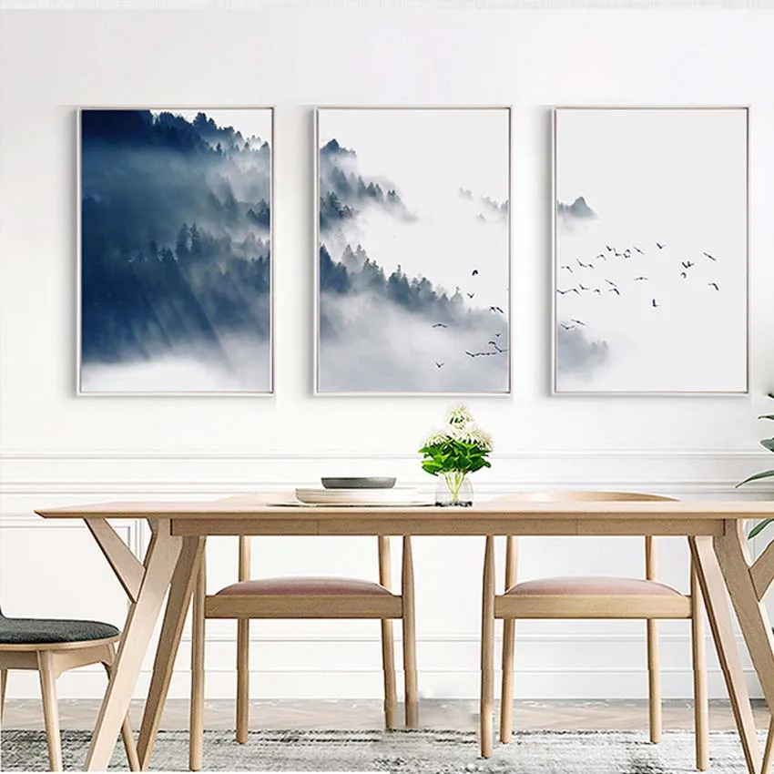 Chinese ink style montains scenery Hand drawn canvas acrylic oil painting 3 pieces wall art picture for living room hotel decor