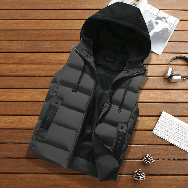 Hooded Casual Vest Men Autumn Thicken Waistcoat Men Vest Jacket Winter Waterproof Warm Sleeveless Men Jacket