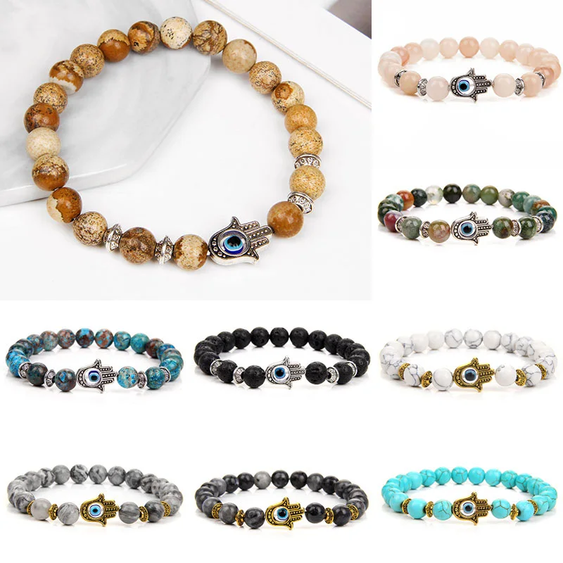 Bracelet en pierre naturelle pour hommes et femmes, breloque perlée, main de Fatima, œil maléfique, amulette de Yoga, bijoux porte-bonheur