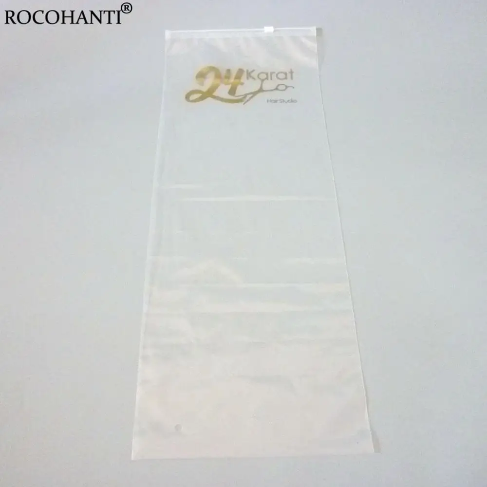 50pcs Custom Logo Printed Transparent Clear Long Plastic Zipper Bag for Wigs Package Hair Extensions Storage Gift Packaging Bags