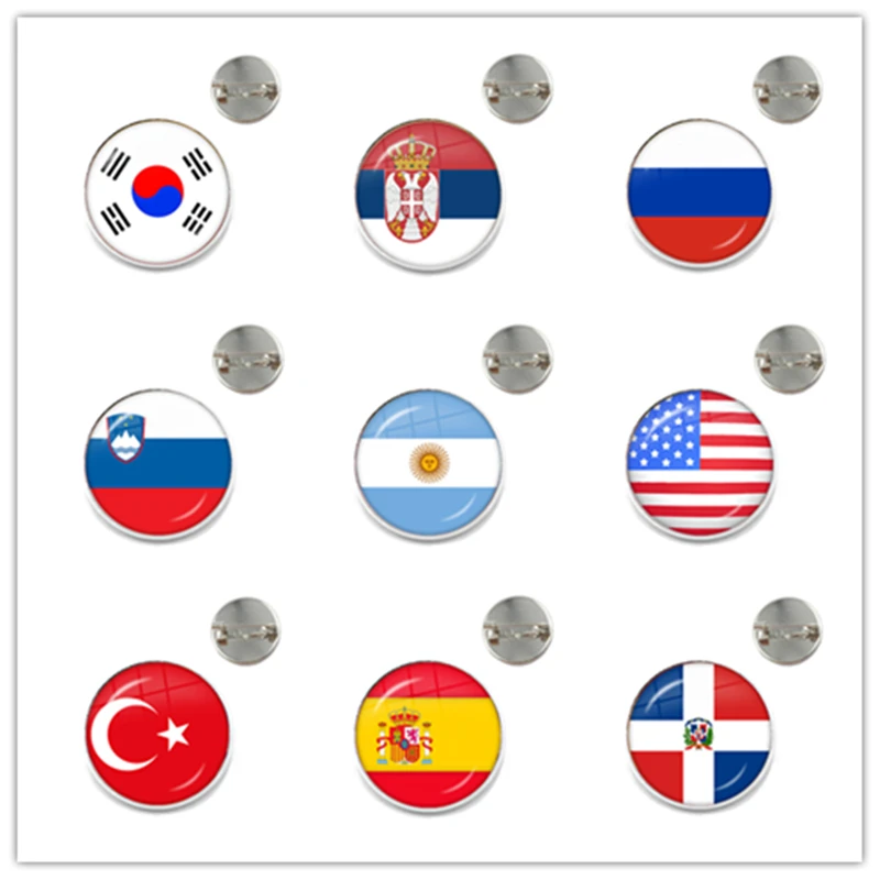 Broszka ze szklanym kaboszonem z flagą narodową Korea, Serbia, Rosja, Słowenia, Argentyna, Stany Zjednoczone, Turcja, Hiszpania, Dominika Szpilki do kołnierzyka Prezent