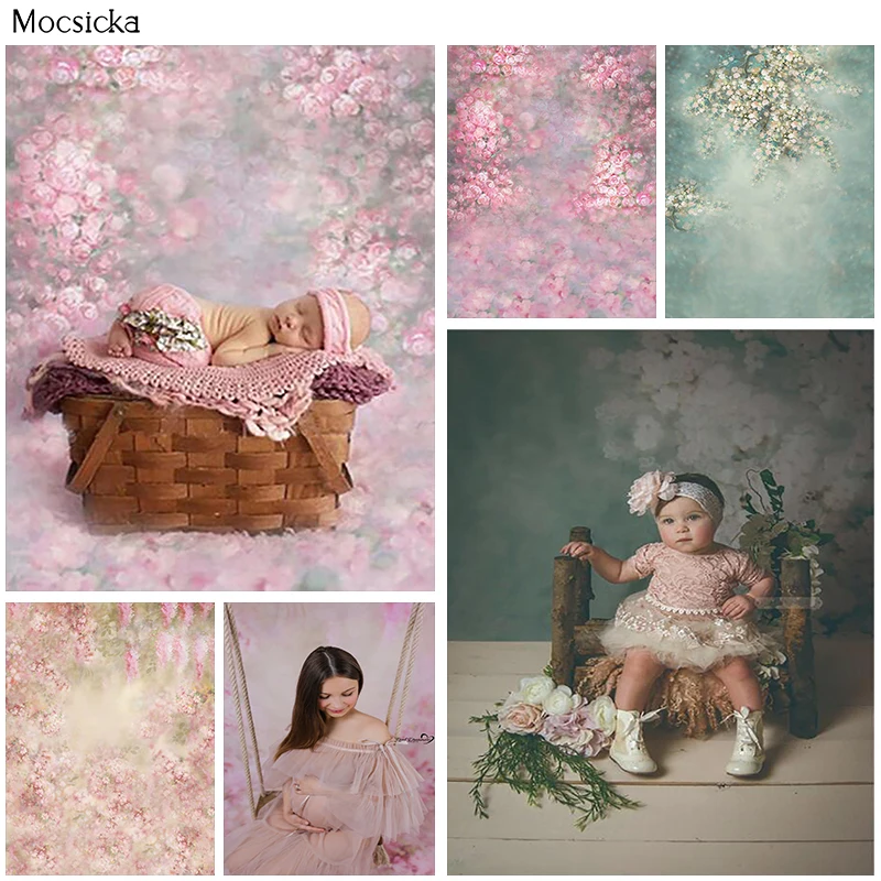 

Newborn Kids Birthday Floral Portrait Photocall Background Spring Flowers Pink and Green Photography Backdrop Child Photo Props