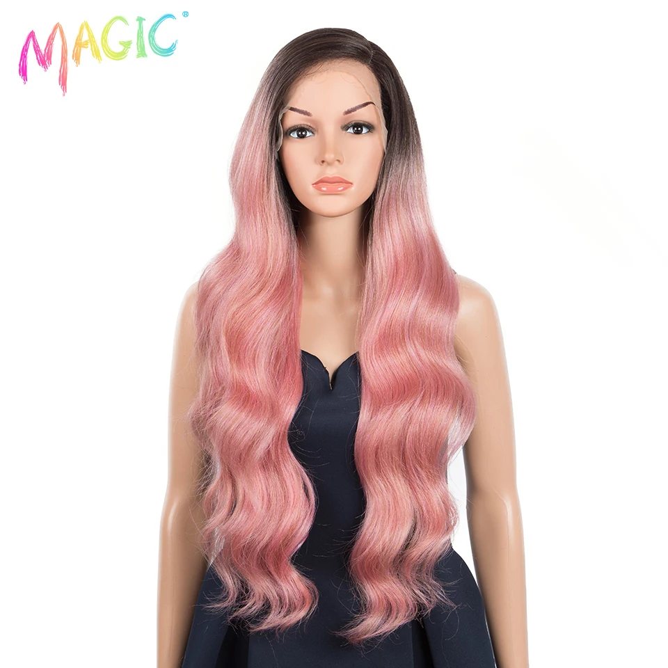 Magic Synthetic Lace Wigs 36inches Nature Body Wave Wig Side Part Ombre Black Pink Cosplay Wig For Black Women