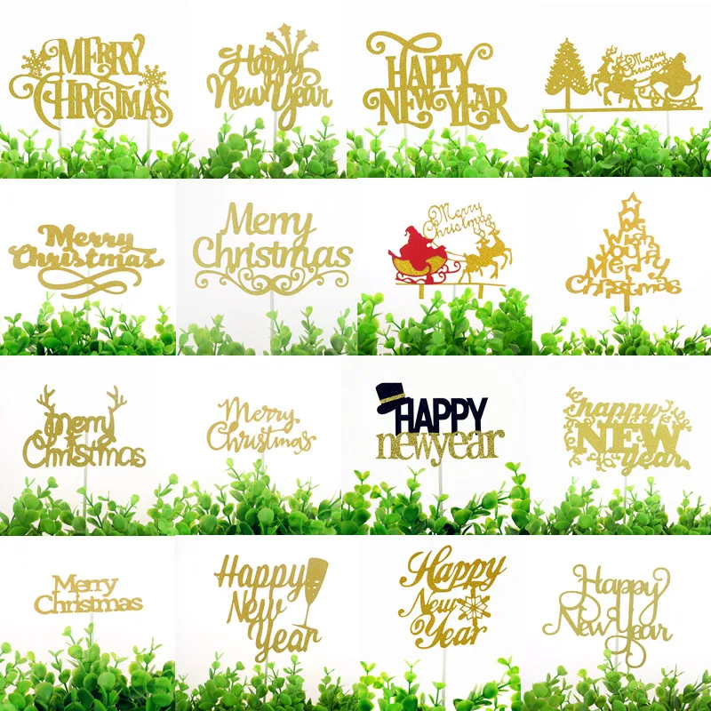 Gold Cake Topper Merry Christmas Happy Happy New Year Santa Claus Cupcake Toppers Flags DIY Baking Kids Party Wedding Birthday