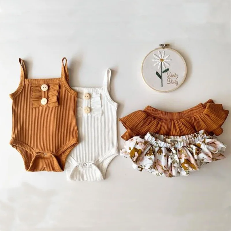 Baby Girls Onesie Bodysuit Skirt Outfits Infant Summer halter Bodysuit Skirt PP Pants Sets Girls Vest 2 Pieces Suits