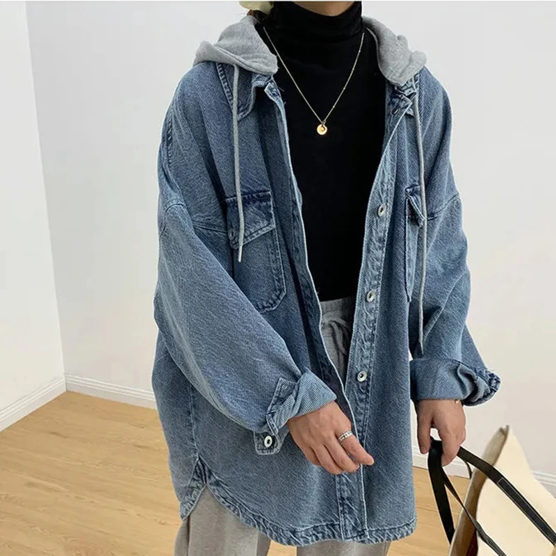 Loose Deconstruct Hooded Denim Jacket For Women Korean Style Spring Jean Coat Oversize Harajuku Blue Denim Outerwear Casual Top