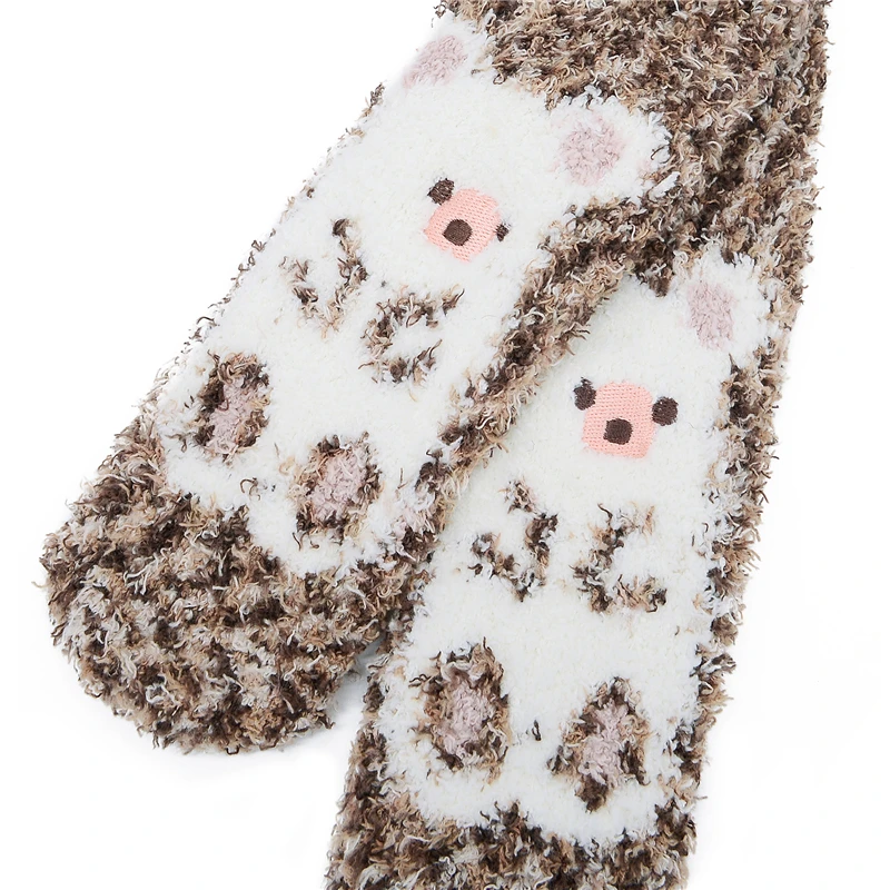 Thickened Warm Kawaii Cute Print Bear Animal Pattern Socks for Female's Plush Socks Winter Fur Fleece Lined Slipper 5 Pairs