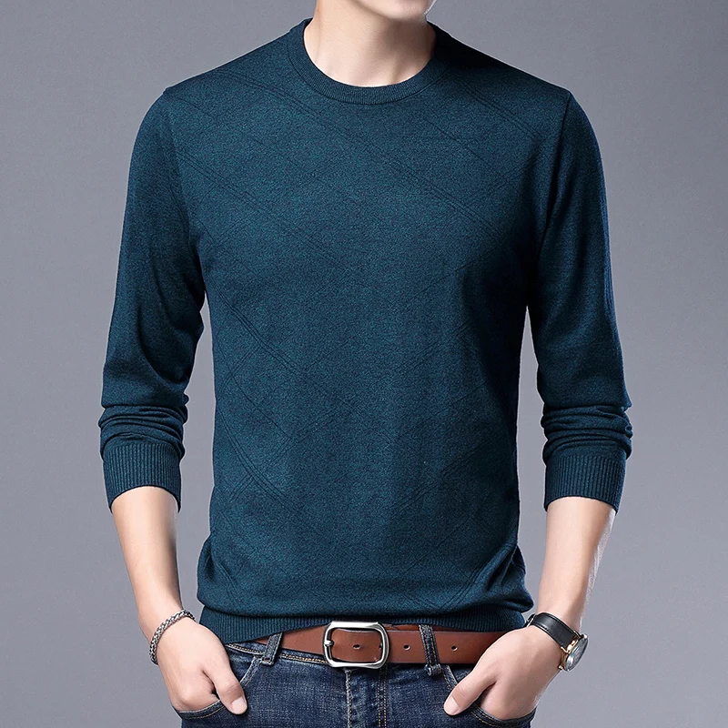 

Man Thin Wool Sweater Spring Autumn Male O-Neck Jumper Long Sleeve Casual Plaid Knit T Shirts