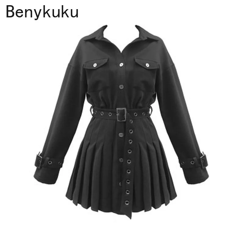 Gothic Punk Black Long Sleeve Pleated Shirt Dress Autumn Winter Button Up High Waist Female Sexy Slim Short Belted Mini Dresses