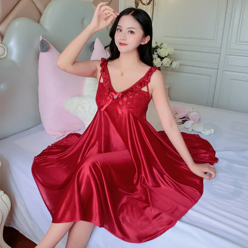 Women Silk Satin Plus Size Sleepwear Sexy Nightdress Baby Doll Nightgown Lingerie Underwear Backless Lace Sexy Chemises Peignoir