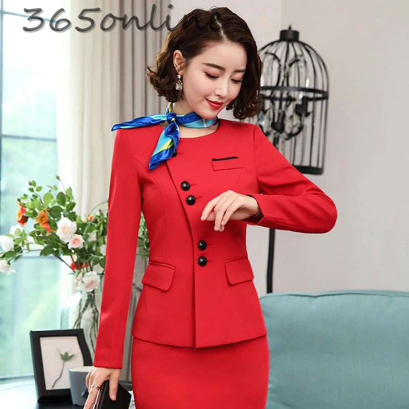 Novelty Red Formal Women Business Suits with Skirt and Jackets Coat Professional Office Ladies Blazers OL Styles with Scarf