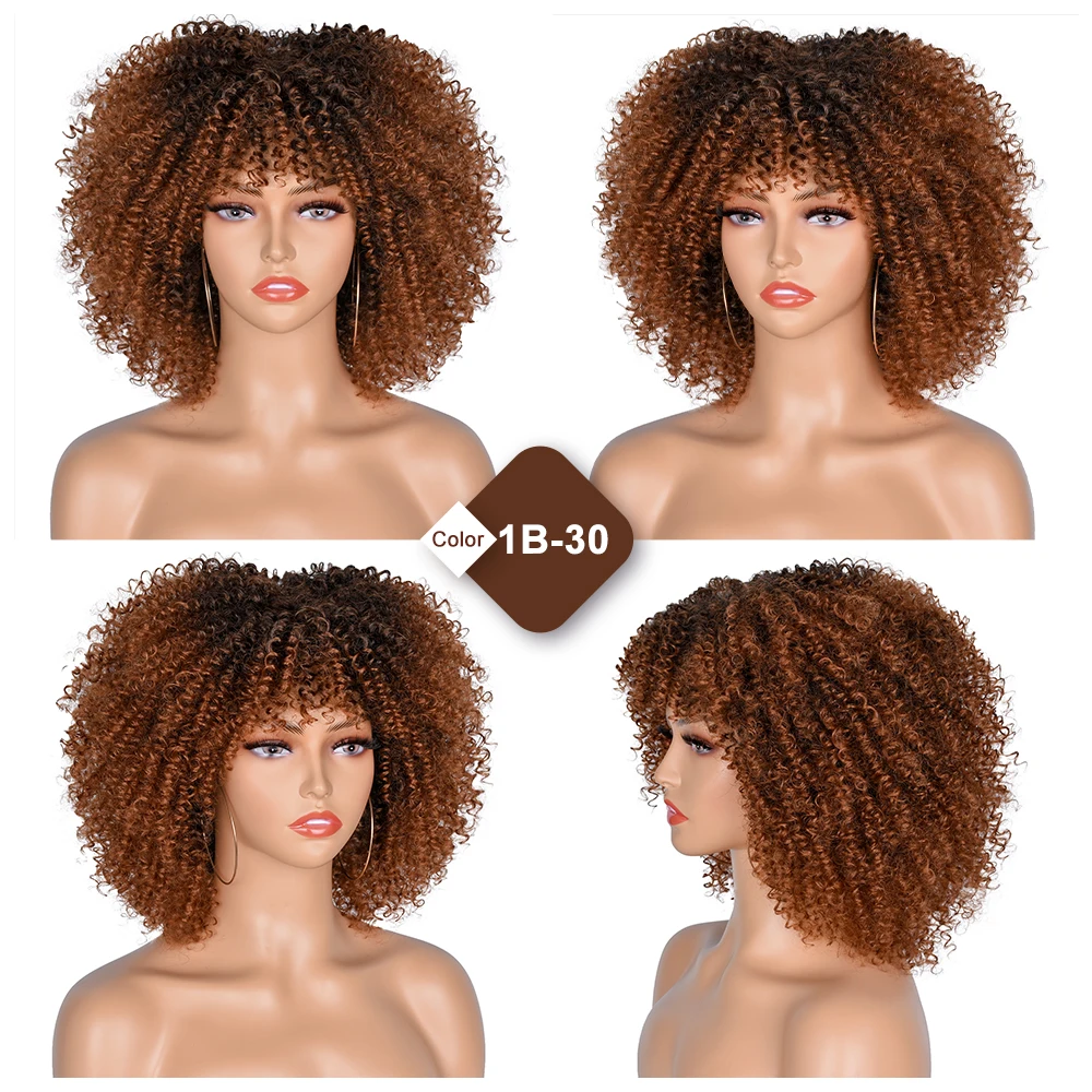 Short Hair Afro Kinky Curly Wigs With Bangs For Black Women African Synthetic Ombre Cosplay Natural Blonde Purple Wig