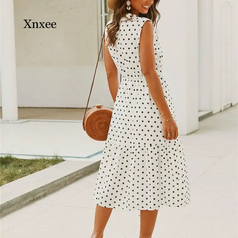 

Summer Bandage Dress Women Polka Dot Chiffon White Elegant Sleeveless Beach Casual Bow Collar Midi A-Line Tank