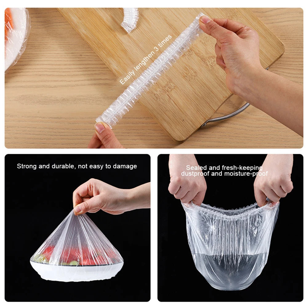 100pcs Disposable Food Cover Plastic Wrap Elastic Food Lids For Fruit Bowls Cups Caps Storage Kitchen Fresh Keeping Saver Bag