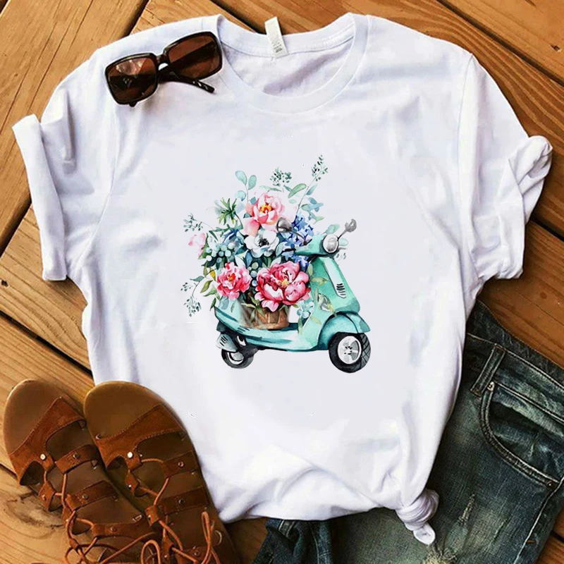 

Paris Style T Shirt Women Floral bike Pink High Heel Cat Printed Vintage tshirt Femme summer Top friends gift graphic tees