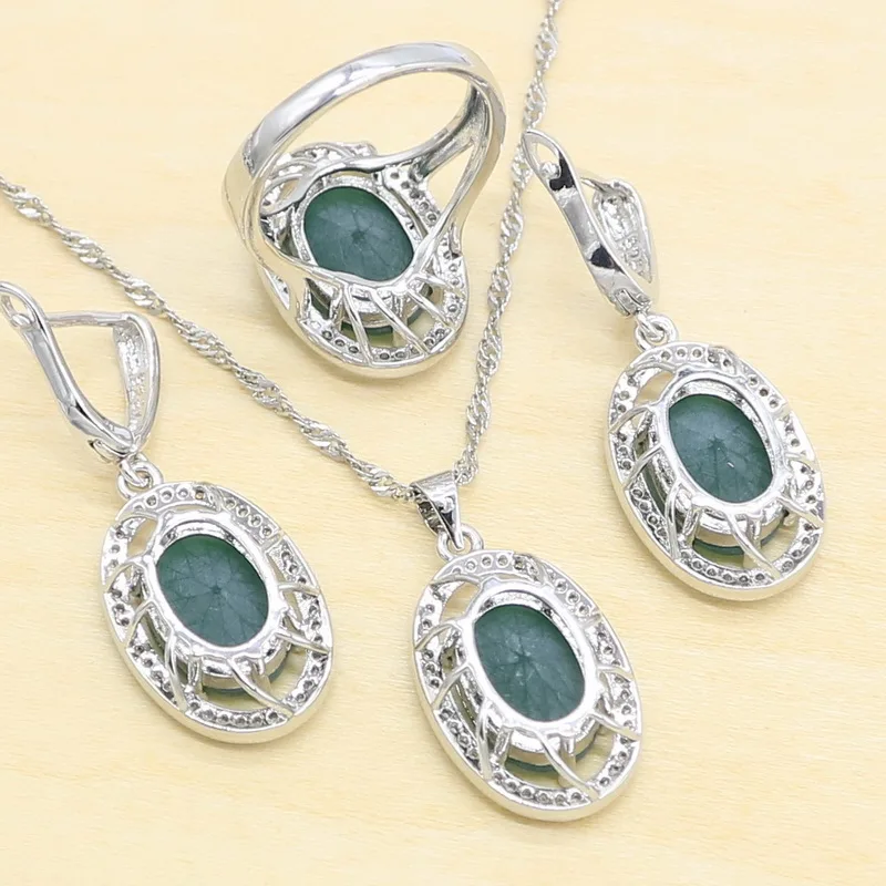 2023 New Green Semi-precious Silver 925 Jewelry Sets for Women Earrings Bracelet Rings Necklace Pendant Gift Box