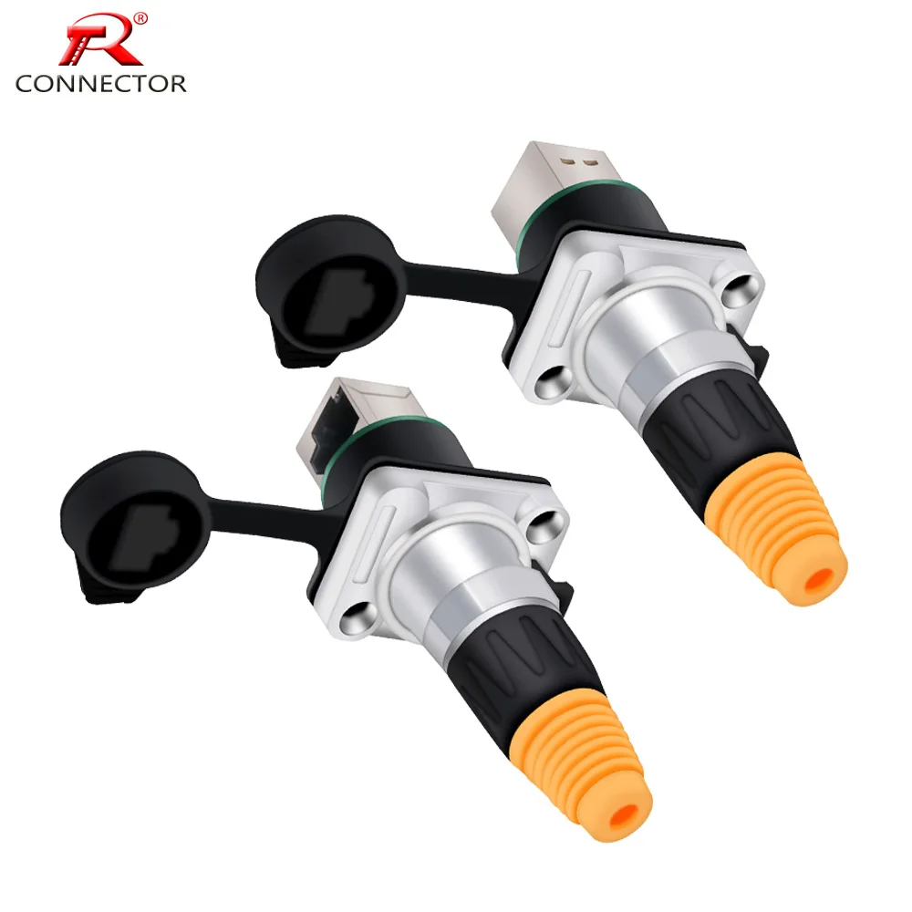 1set 8p8c Waterproof Shield RJ45 Connector, RJ45 Female Panel Mount Socket + Male Plug, RJ45 Ethernet Set, Normal&Right Angle